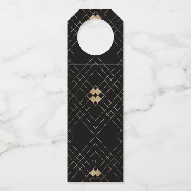 Étiquettes Pour Bouteilles Gold Diamond noir Géométrique Mariage Gatsby (Devant)