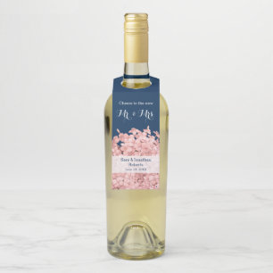 Étiquettes Pour Bouteilles Hydrangea Rose sur Mariage Personnalisé Bleu Nuit