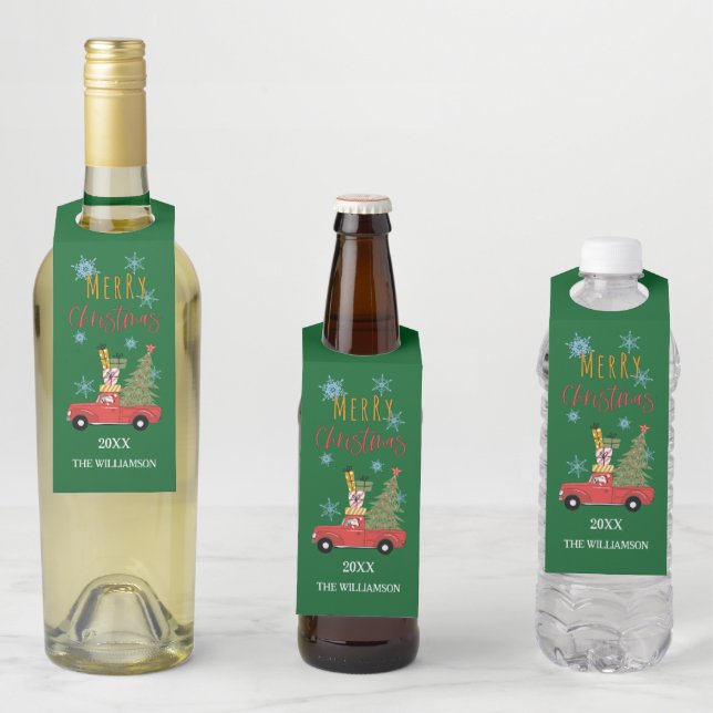 Étiquettes Pour Bouteilles Joyeux Noël Sapin de Noël sur camion rouge voiture (En situation)