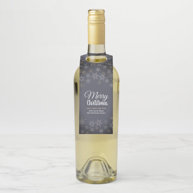 Étiquettes Pour Bouteilles Joyeux Noël Snowflakes Ardoise Gris Charbon (Sur bouteille)