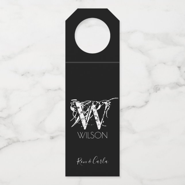 Étiquettes Pour Bouteilles M. & Mme Monogram sur le Merci noir (Devant)