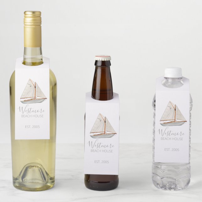 Étiquettes Pour Bouteilles Maison de plage à l'aquarelle voilier (En situation)
