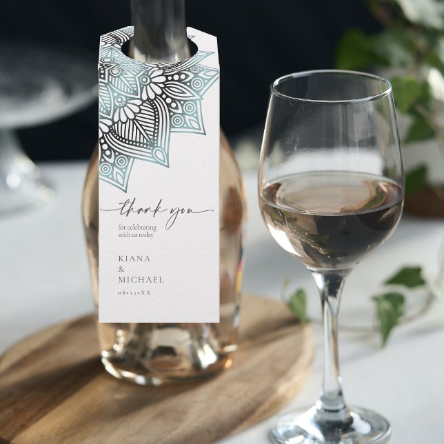 Étiquettes Pour Bouteilles Mandala Lace Mariage Merci Lt. Bleu ID968 (Wine Bottle In Situ)