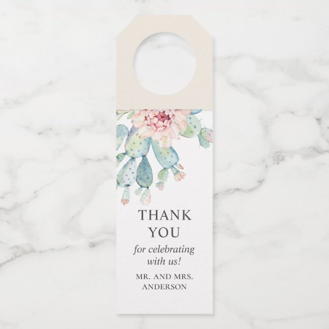 Étiquettes Pour Bouteilles Mariage aquarelle succulents. Cactus merci (Devant)
