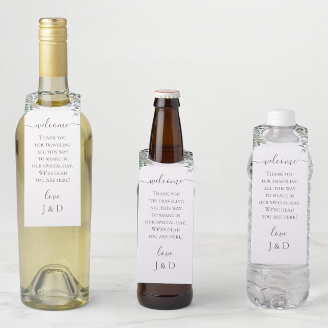 Étiquettes Pour Bouteilles Mariage au feuillage d'eucalyptus (En situation)