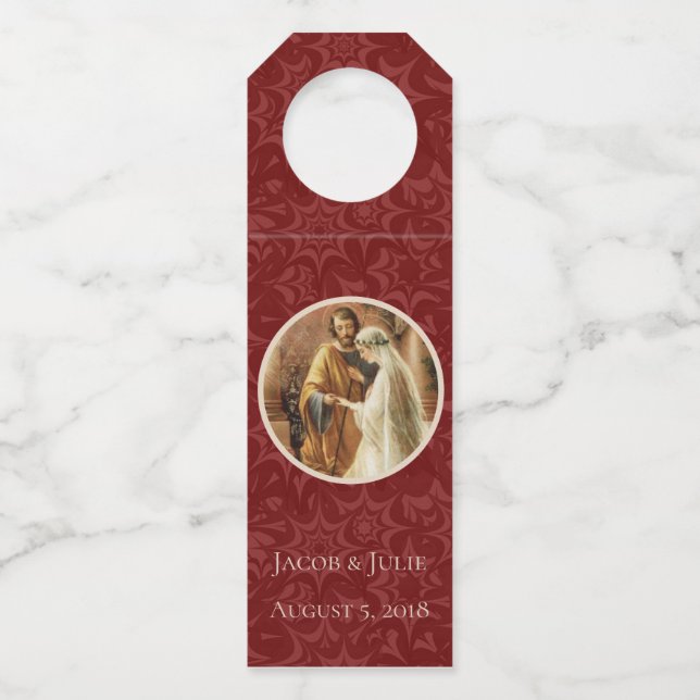Étiquettes Pour Bouteilles Mariage catholique traditionnel Damask marron (Devant)