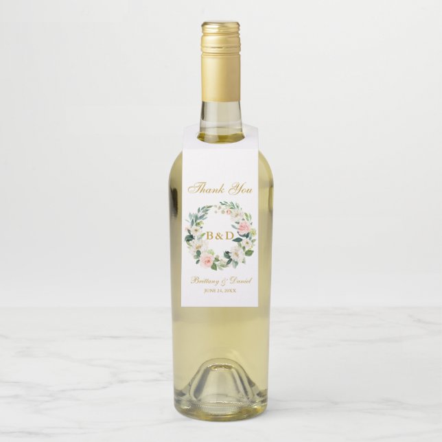 Étiquettes Pour Bouteilles Mariage de monogramme d'or rose blanc fleuri (Sur bouteille)