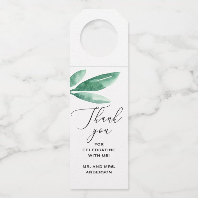 Étiquettes Pour Bouteilles Mariage de script botanique vert élégant aquarelle (Devant)