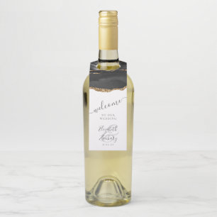 Étiquettes Pour Bouteilles Mariage élégant Agate Noir Or Bienvenue
