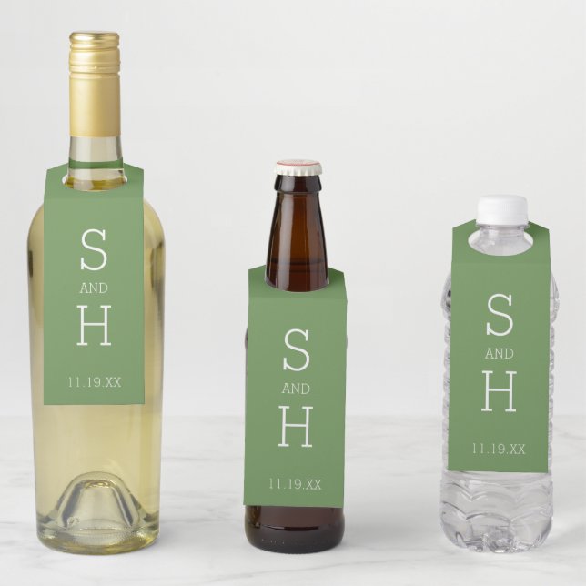 Étiquettes Pour Bouteilles Mariage Monogramme moderne vert blanc motif MCM (En situation)