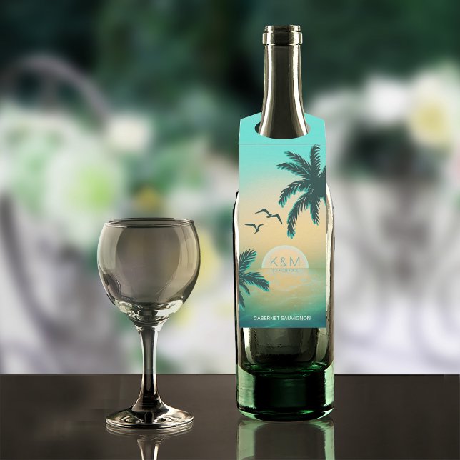 Étiquettes Pour Bouteilles Mariage Tropical Isle Sunrise Teal ID581 (Wine Bottle In Situ)