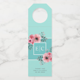 Étiquettes Pour Bouteilles Menthe et rose   Fleurs aquarelles Mariage Monogra