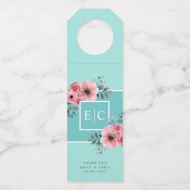 Étiquettes Pour Bouteilles Menthe et rose | Fleurs aquarelles Mariage Monogra (Devant)