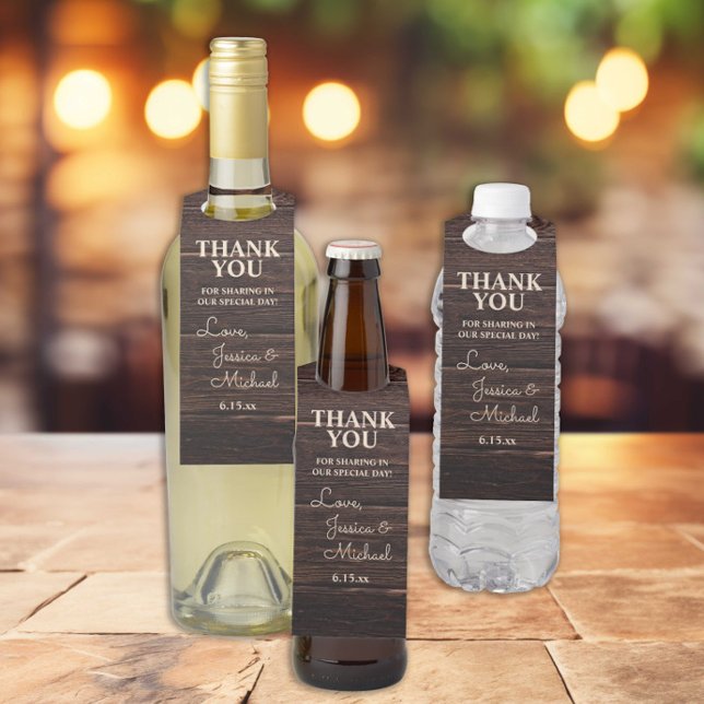 Étiquettes Pour Bouteilles Merci de Mariage à crème de bois rustique (Rustic wood wedding "Thank you" bottle hangers)
