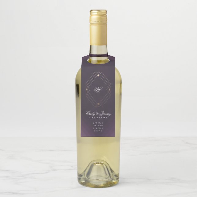 Étiquettes Pour Bouteilles Monogramme de calligraphie violette classique Gold (Sur bouteille)