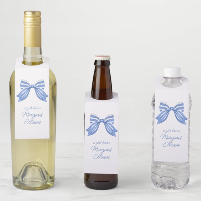 Étiquettes Pour Bouteilles Nœud rayé bleu aquarelle (En situation)