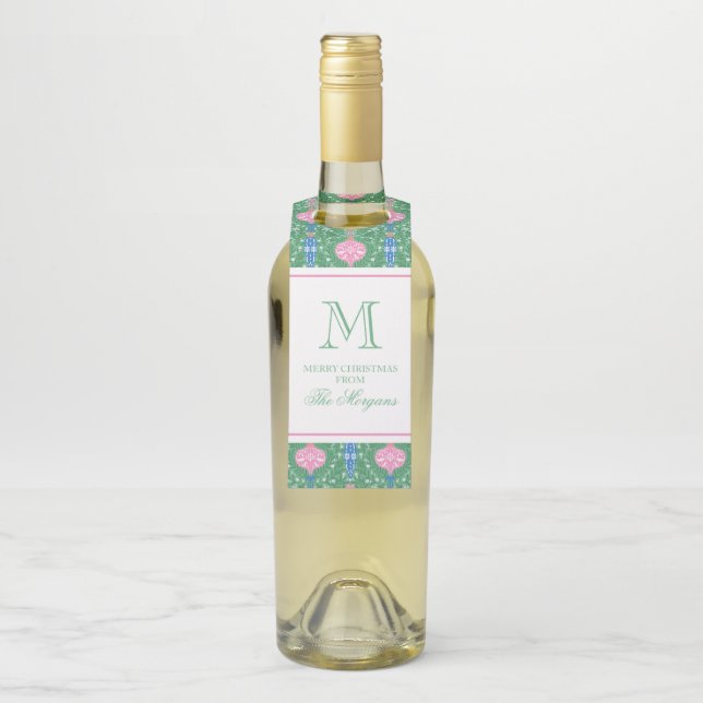 Étiquettes Pour Bouteilles Ornements de Noël festifs Monogramme (Sur bouteille)