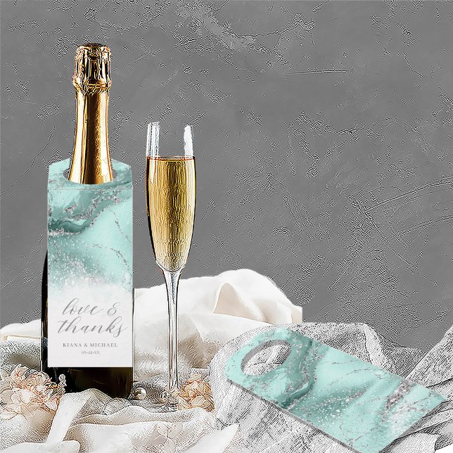 Étiquettes Pour Bouteilles Parties scintillant en marbre Mariage Merci Turquo (Front/Back In Situ)