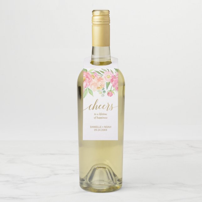 Étiquettes Pour Bouteilles Peach and Pink Peony salue le Mariage (Sur bouteille)