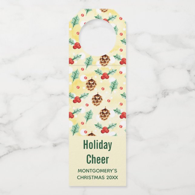 Étiquettes Pour Bouteilles Pine Cones et Motif de Noël Holly (Devant)