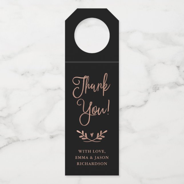 Étiquettes Pour Bouteilles Script rose Gold | Merci noir le plus profond (Devant)