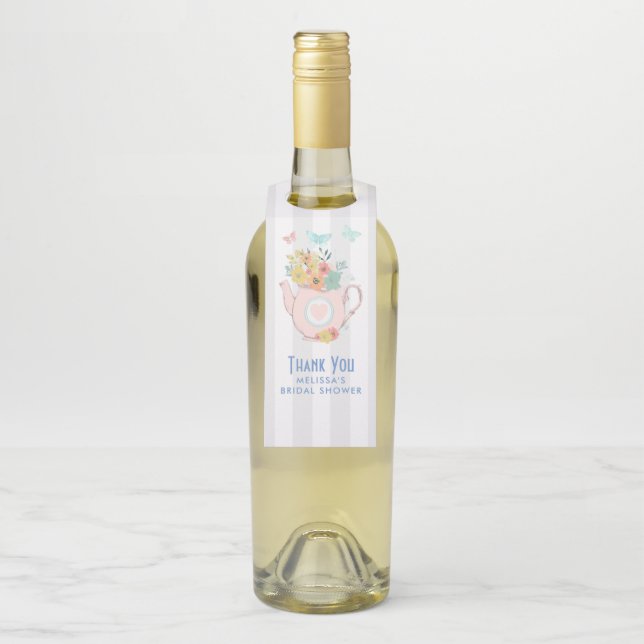 Étiquettes Pour Bouteilles Teapot rose avec Fleurs et Papillons Merci (Sur bouteille)