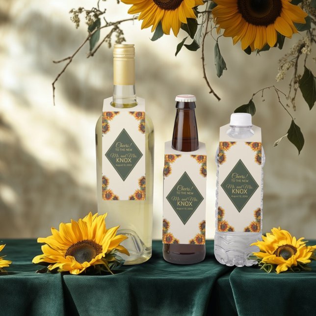 Étiquettes Pour Bouteilles Tournesol Mariage Forêt verte et or (Créateur téléchargé)