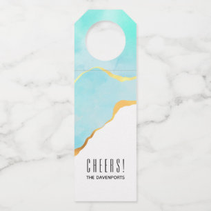 Étiquettes Pour Bouteilles Tranquille Tropical Vert Bleu avec bordure or