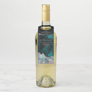 Étiquettes Pour Bouteilles Vert Paon & Rose Gold Agate Mariage Remerciement