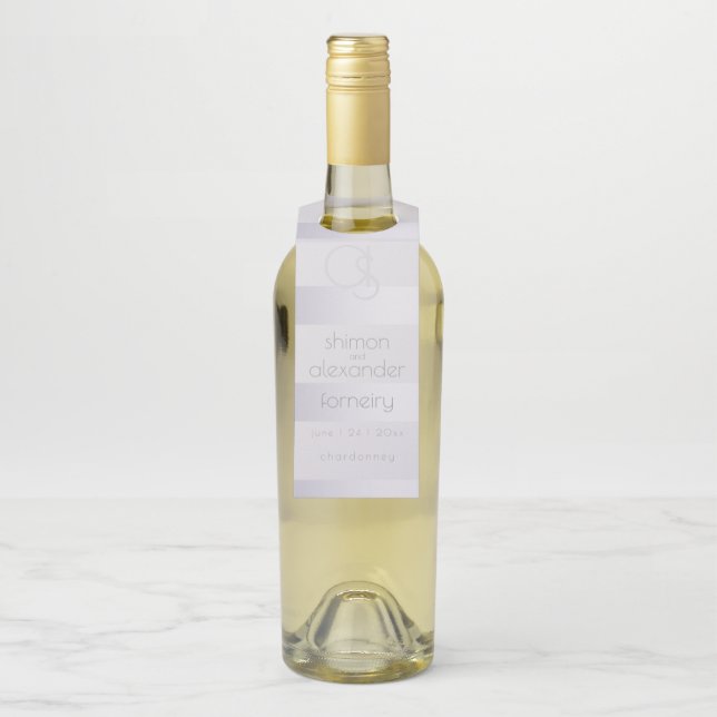 Étiquettes Pour Bouteilles Vin de Mariage | Monogramme à Rayures Argent Viole (Sur bouteille)