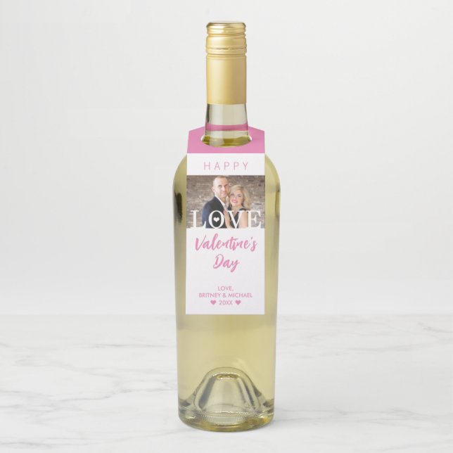 Étiquettes Pour Bouteilles Votre photo écriture rose | Lettres d'amour modern (Sur bouteille)