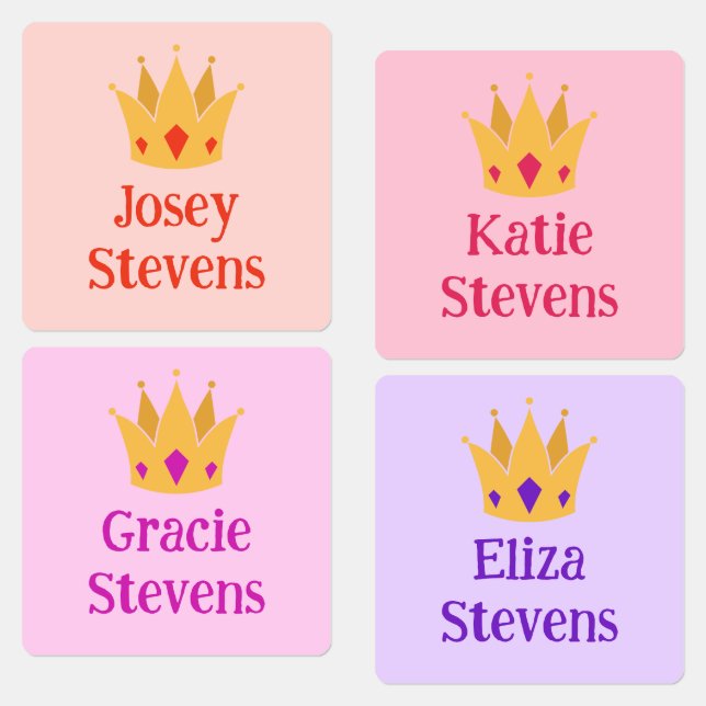 Étiquettes Rose & Purple Princess Crown Girl Ajouter un nom (Groupe)