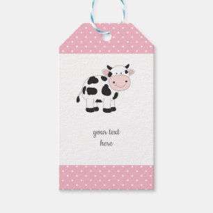 Étiquettes roses de cadeau de vache à pois