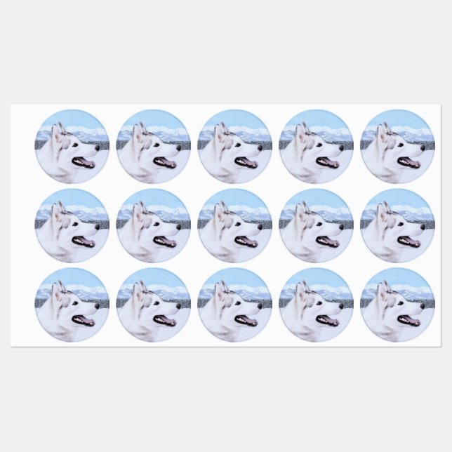 Étiquettes Sibérie Husky (argent et blanc) Peinture Chien Art (Feuille)
