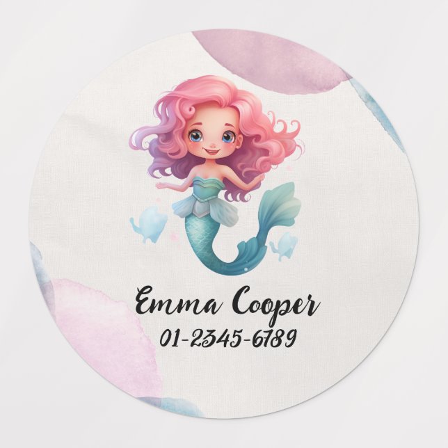 Étiquettes Sirène Cute Personnalisée, Nom, Numéro de téléphon (Design 1)