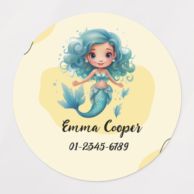 Étiquettes Sirène Cute Personnalisée, Nom, Numéro de téléphon (Design 3)