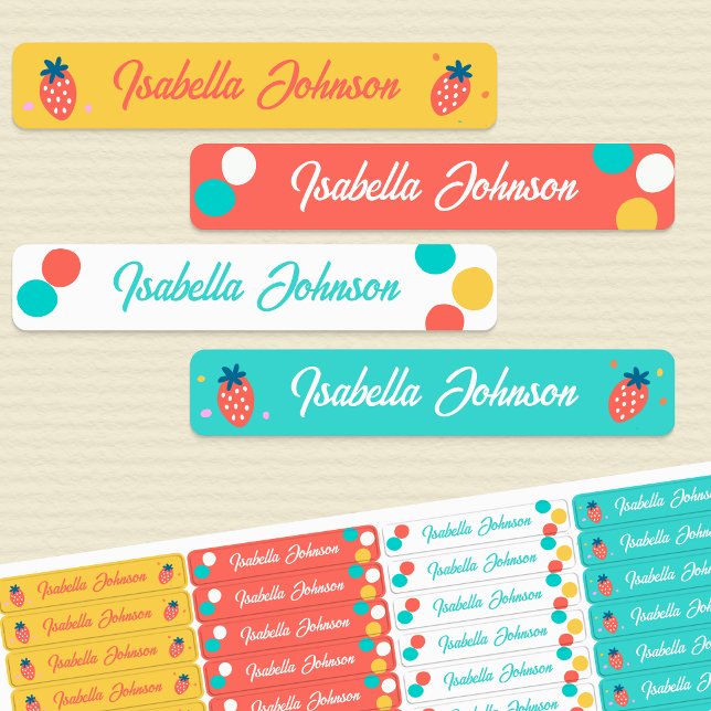 Étiquettes Strawberry & Polka Dot Kids Name Waterproof (Strawberry and Polka Dot bright colorful waterproof kids name labels)