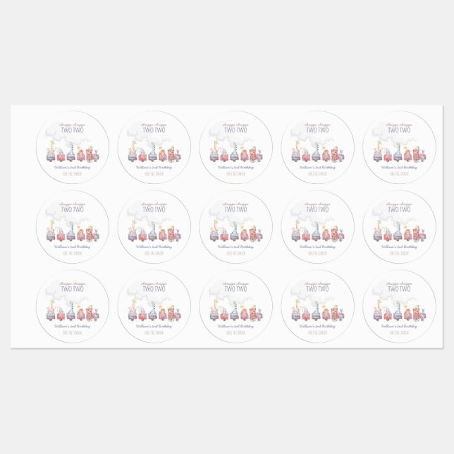 Étiquettes Toy Train All Aboard Anniversaire invitation, Zoo  (Feuille)