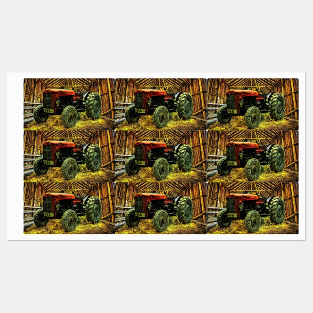 Étiquettes Tracteur rouge antique Grange rustique (Feuille)