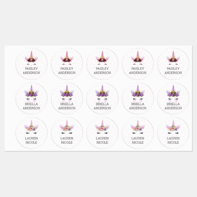 Étiquettes Unicorn Face Variété nom autocollants (Feuille)