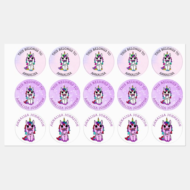 Étiquettes Unicorn Purple Butple School (Feuille)