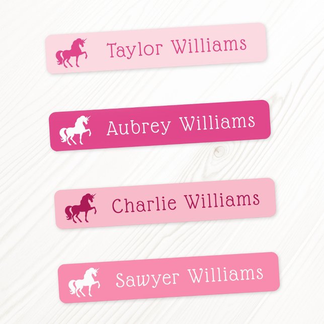 Étiquettes Unicorn rose nuances enfants nom étanche (Unicorn pink shades kids waterproof name labels)