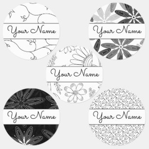 Étiquettes Votre main florale noire et blanche dessinée