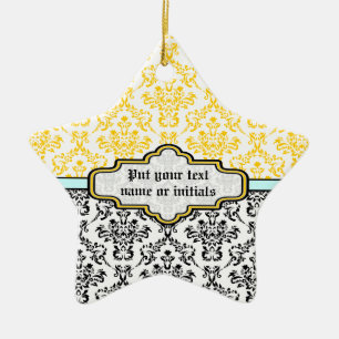 Étoile En Céramique Motif Damas noir blanc jaune aqua ornement