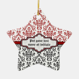Étoile En Céramique Motif Damas noir rouge blanc ornement personnalisé
