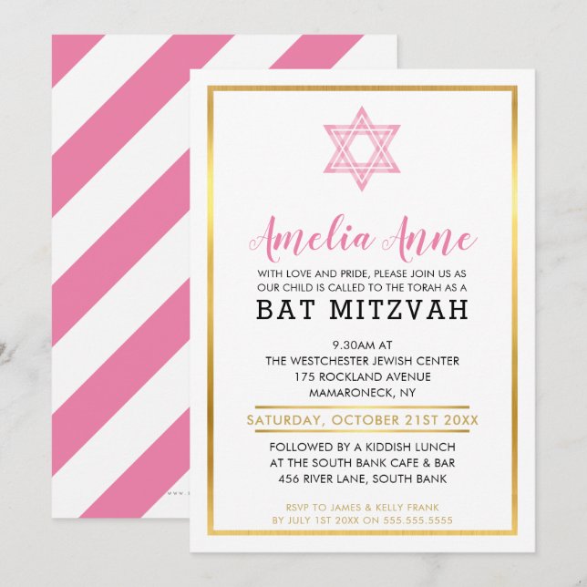 Étoile INVITATION BAT MITZVAH or rose rose or (Devant / Derrière)