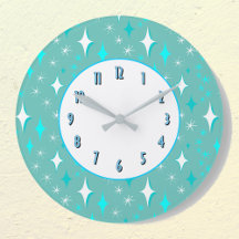 Etoiles blanches turquoises Motif Rétro Horloge mu