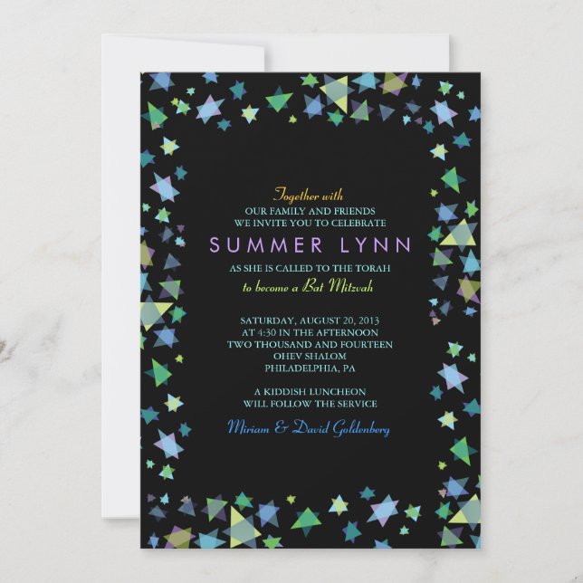 ÉTOILES COLORÉES Barre Bat mitzvah Invitation (Devant)