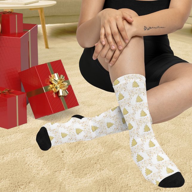 Étoiles dorées de Noël, Arbres & T-shirts Unisexe  (Christmas Gold Stars, Trees & White Unisex Adult Socks)