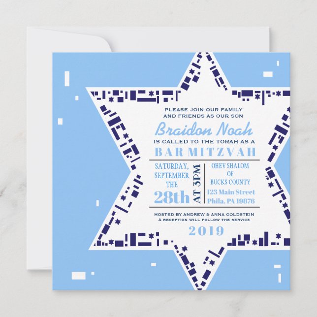 Étoiles et Carré Bar Bat mitzvah Invitation Bleu (Devant)